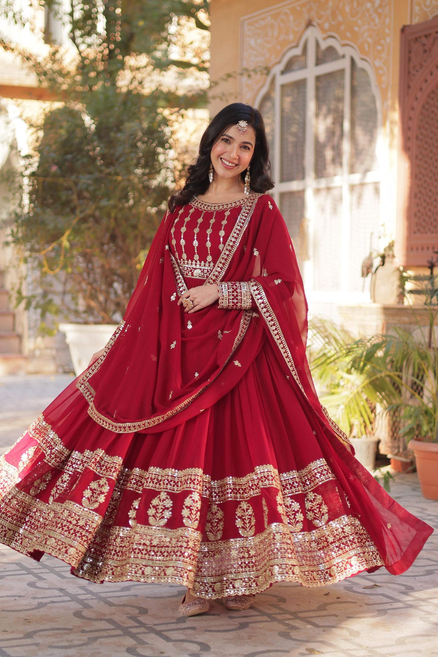 Red color faux blooming long gown with dupatta online