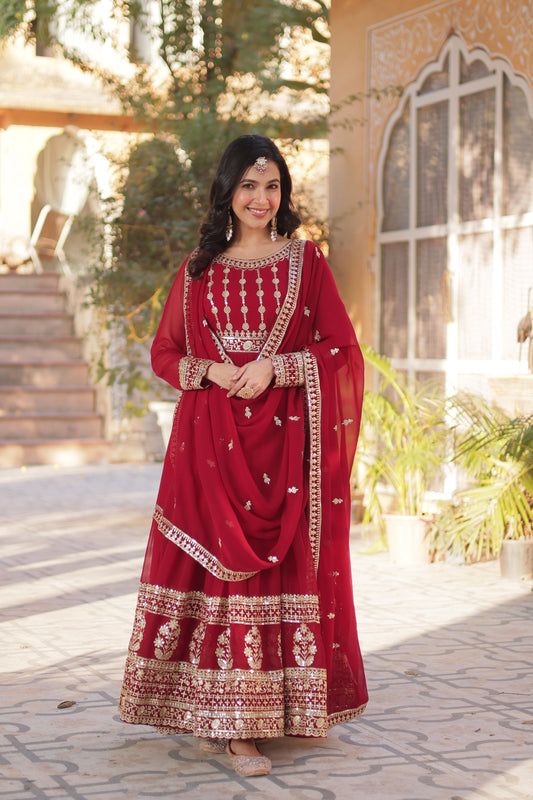 Red color faux blooming long gown for women