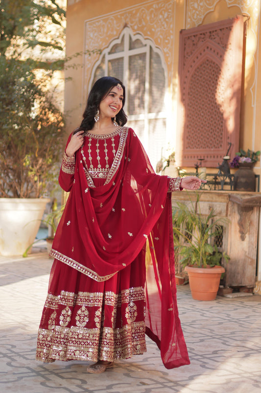 Red color faux blooming long gown for wedding