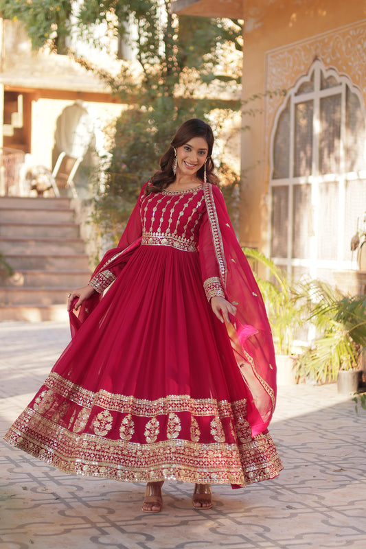 Pink color faux blooming gown for women