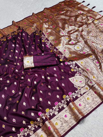 Wine color banarasi silk saree with blouse design