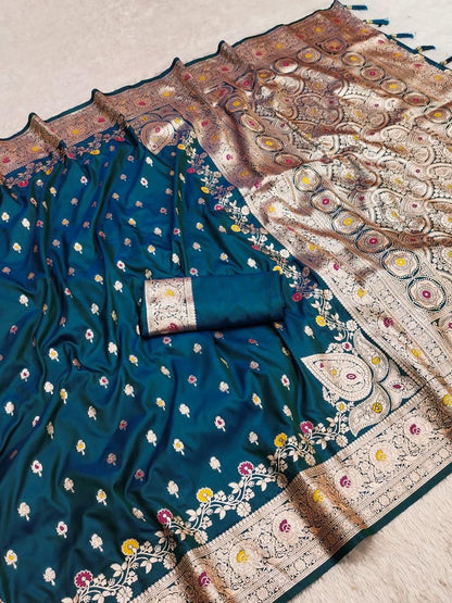 Teal color banarasi silk saree with blouse images