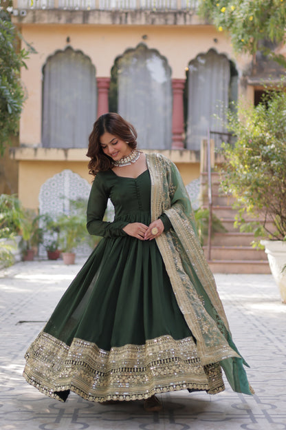 Green color shimmer vichitra gown for wedding