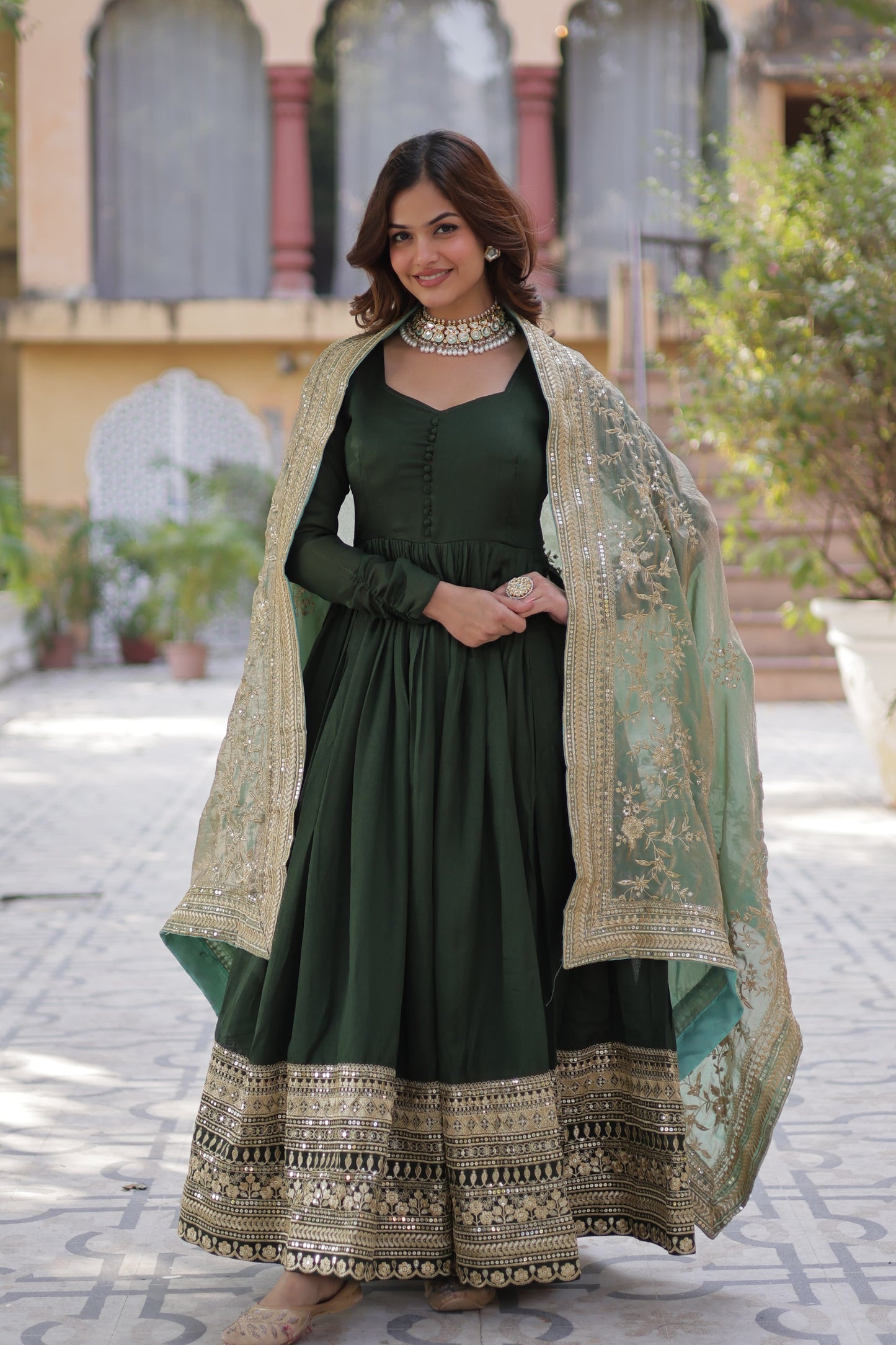 Green color shimmer vichitra gown with dupatta price