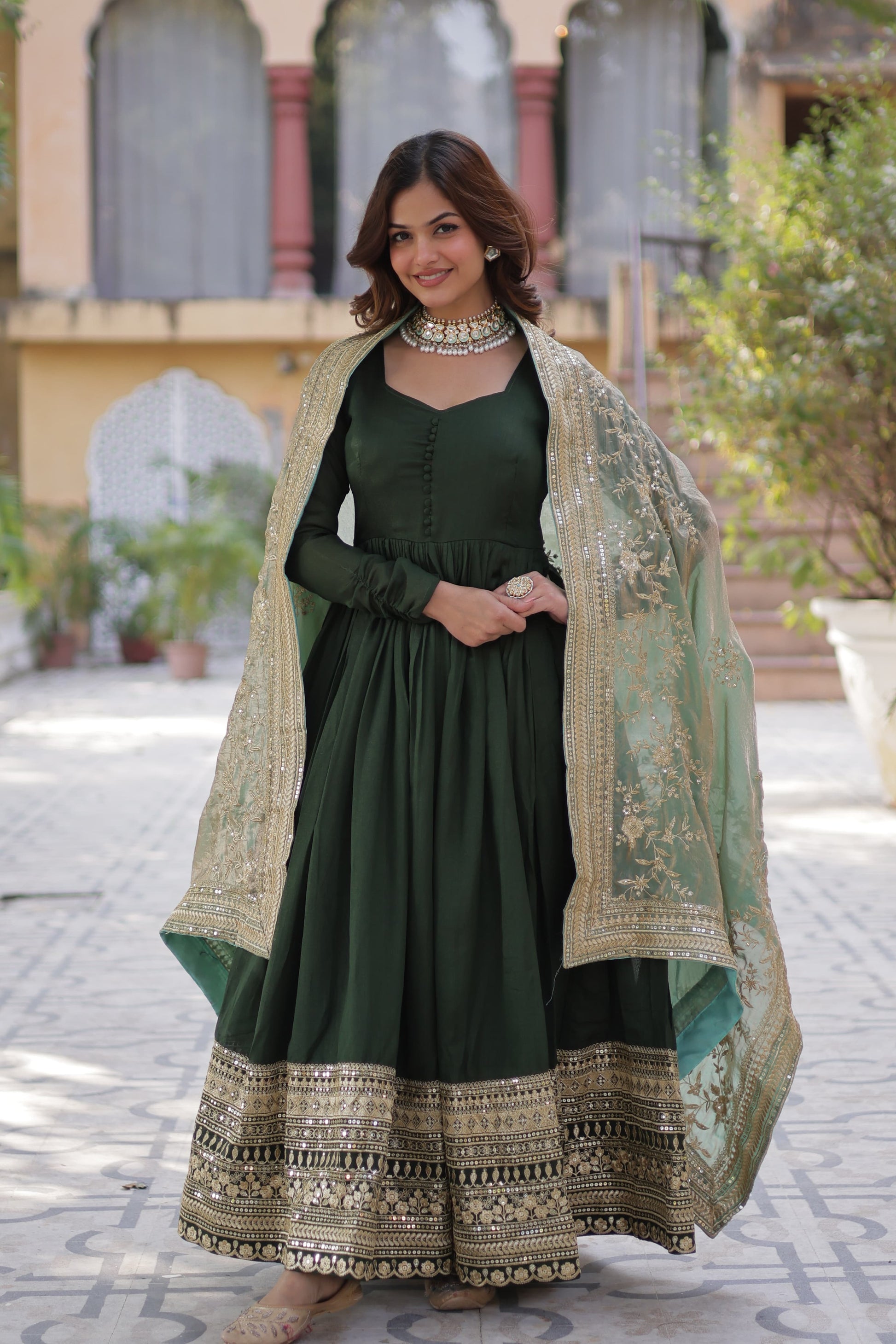 Green color shimmer vichitra gown with dupatta price
