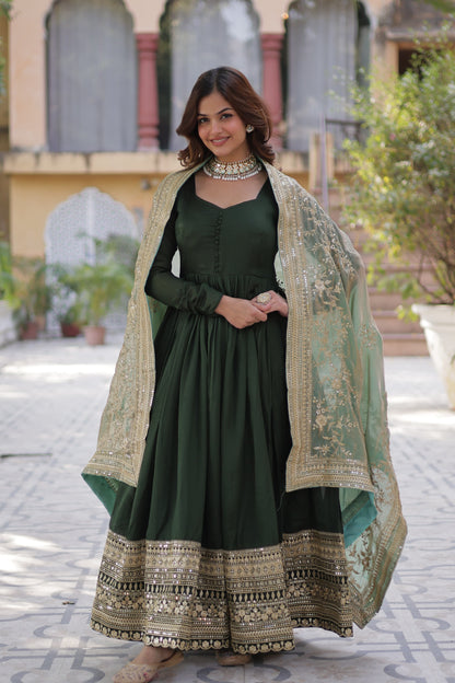 Green color shimmer vichitra gown with dupatta price