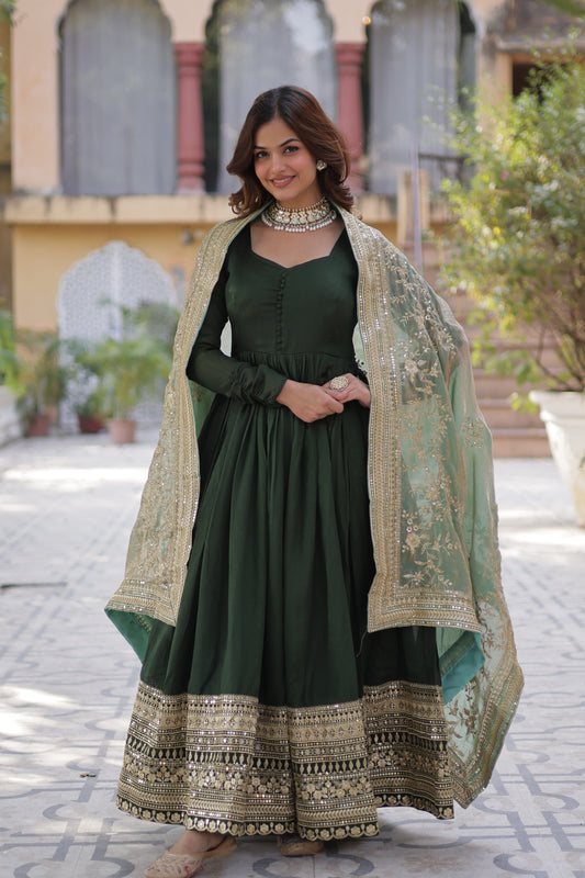 Green color shimmer vichitra gown with dupatta price
