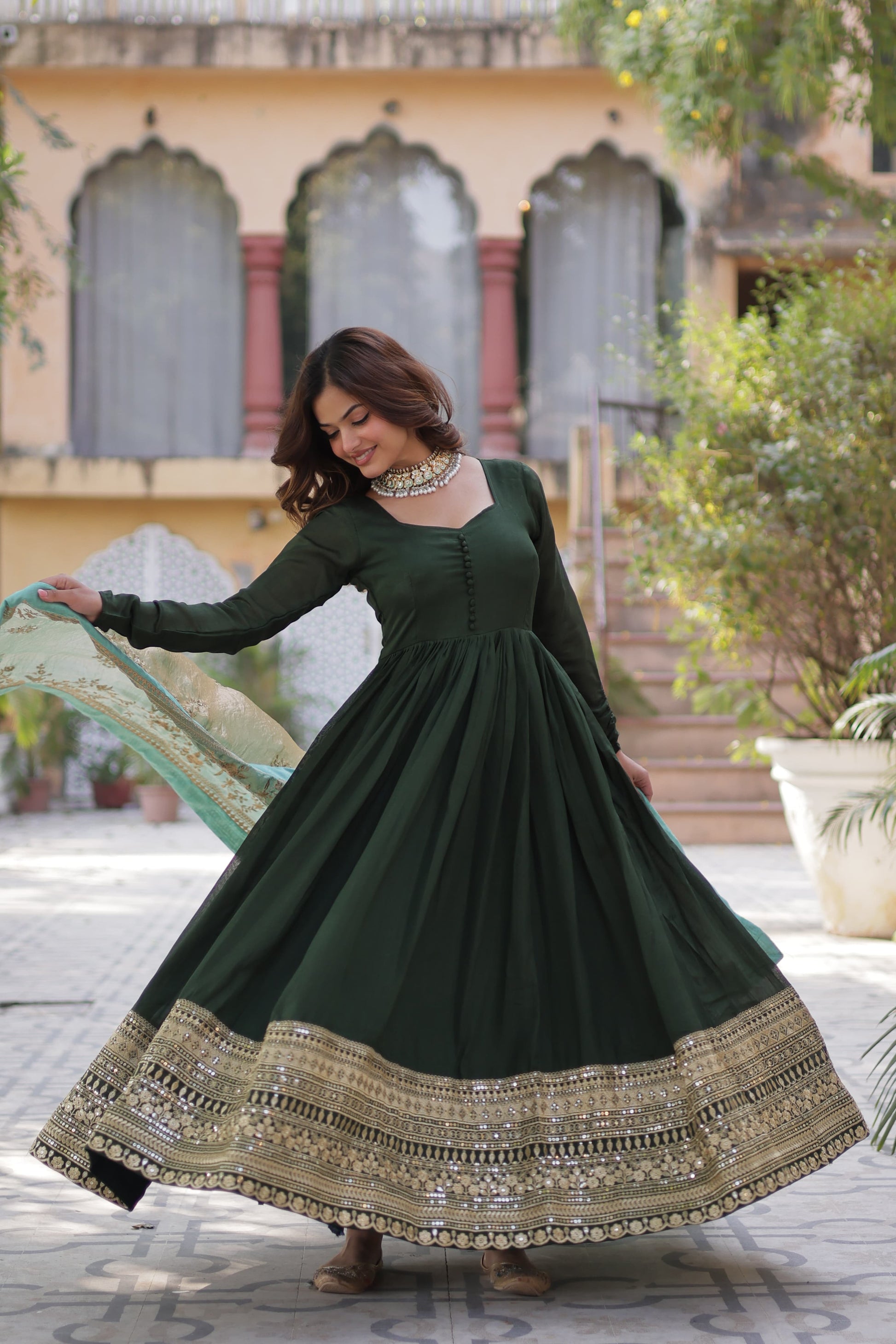 Green color shimmer vichitra gown with dupatta online