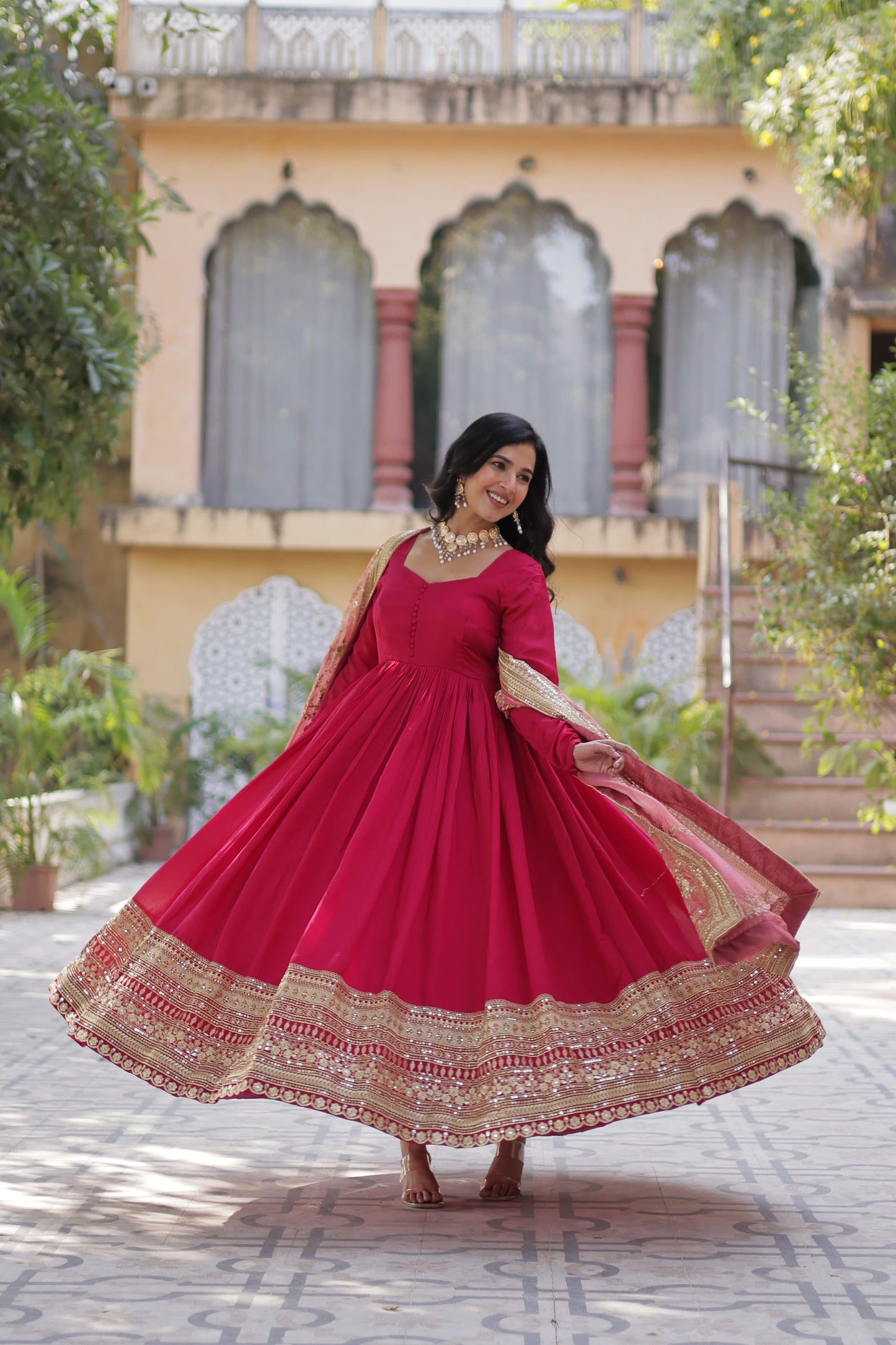 Pink color shimmer vichitra gown for wedding