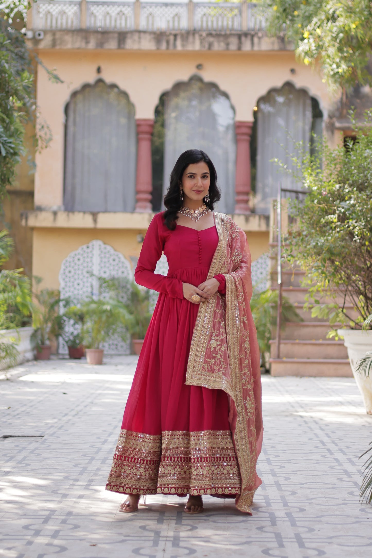 Pink color shimmer vichitra gown with dupatta images