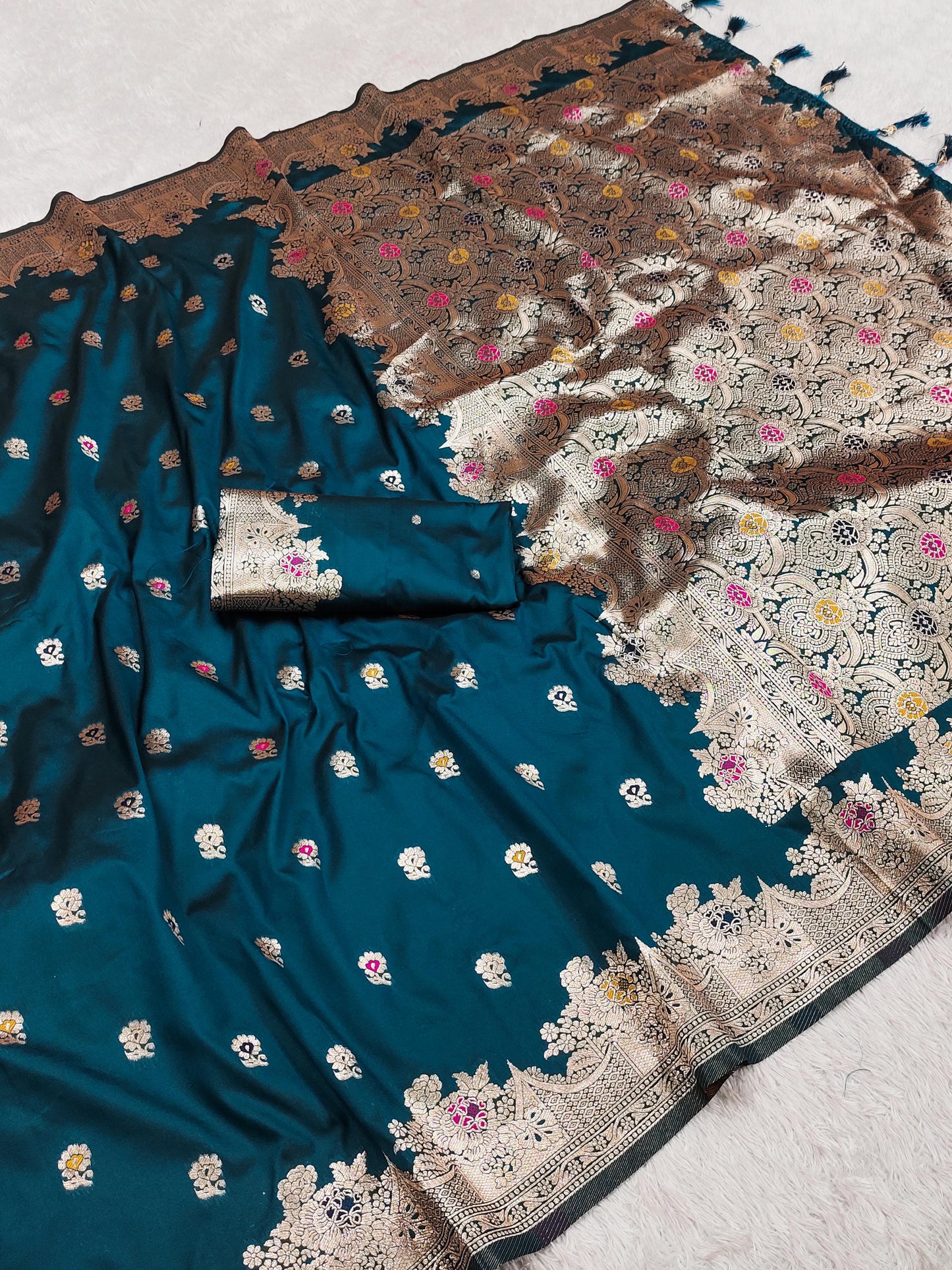 Teal color banarasi silk saree with blouse price