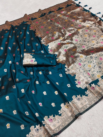 Teal color banarasi silk saree with blouse price