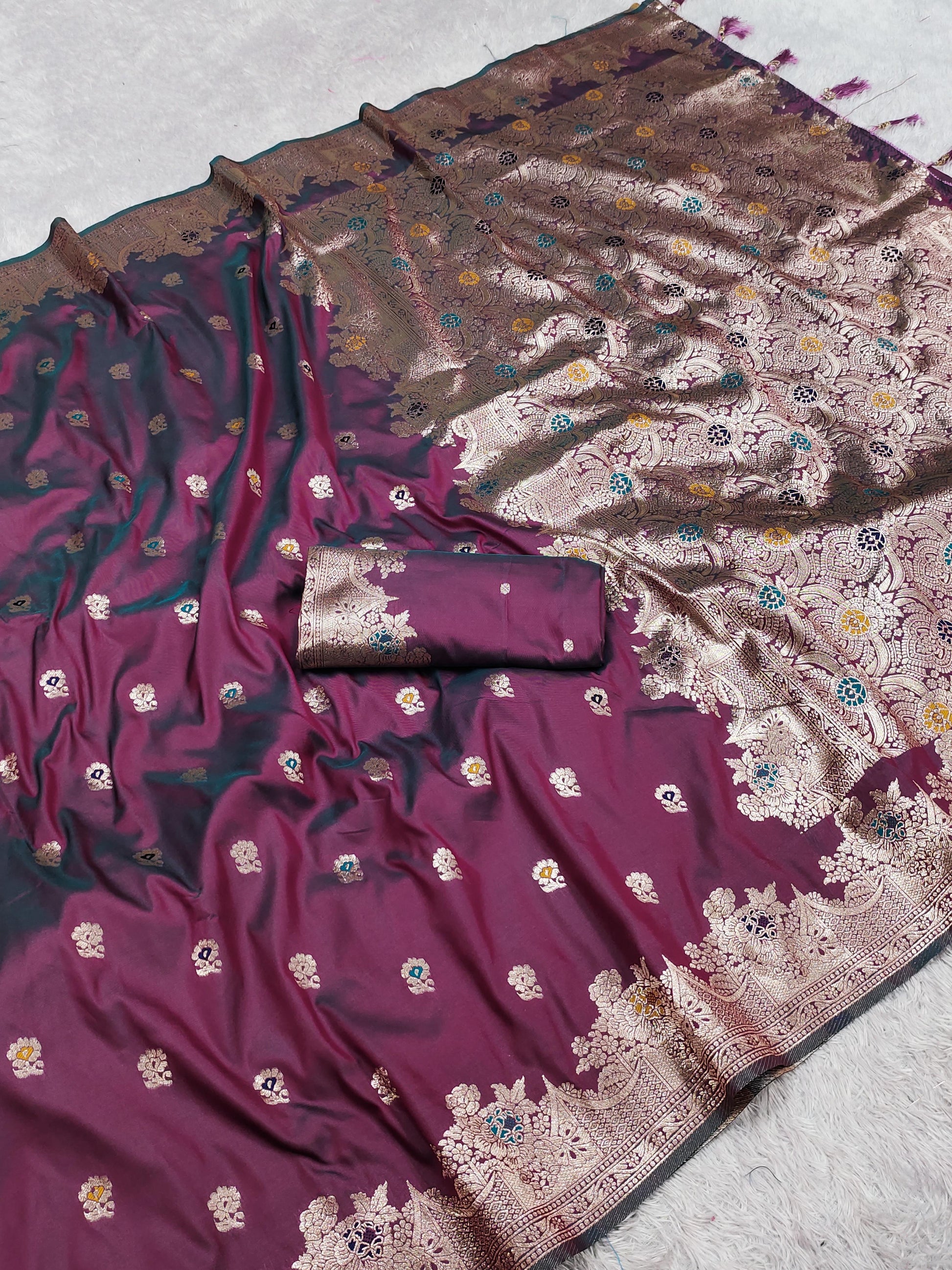 Wine color banarasi silk saree with blouse online shopping