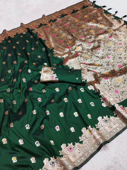 Green color banarasi silk weaving saree with blouse price
