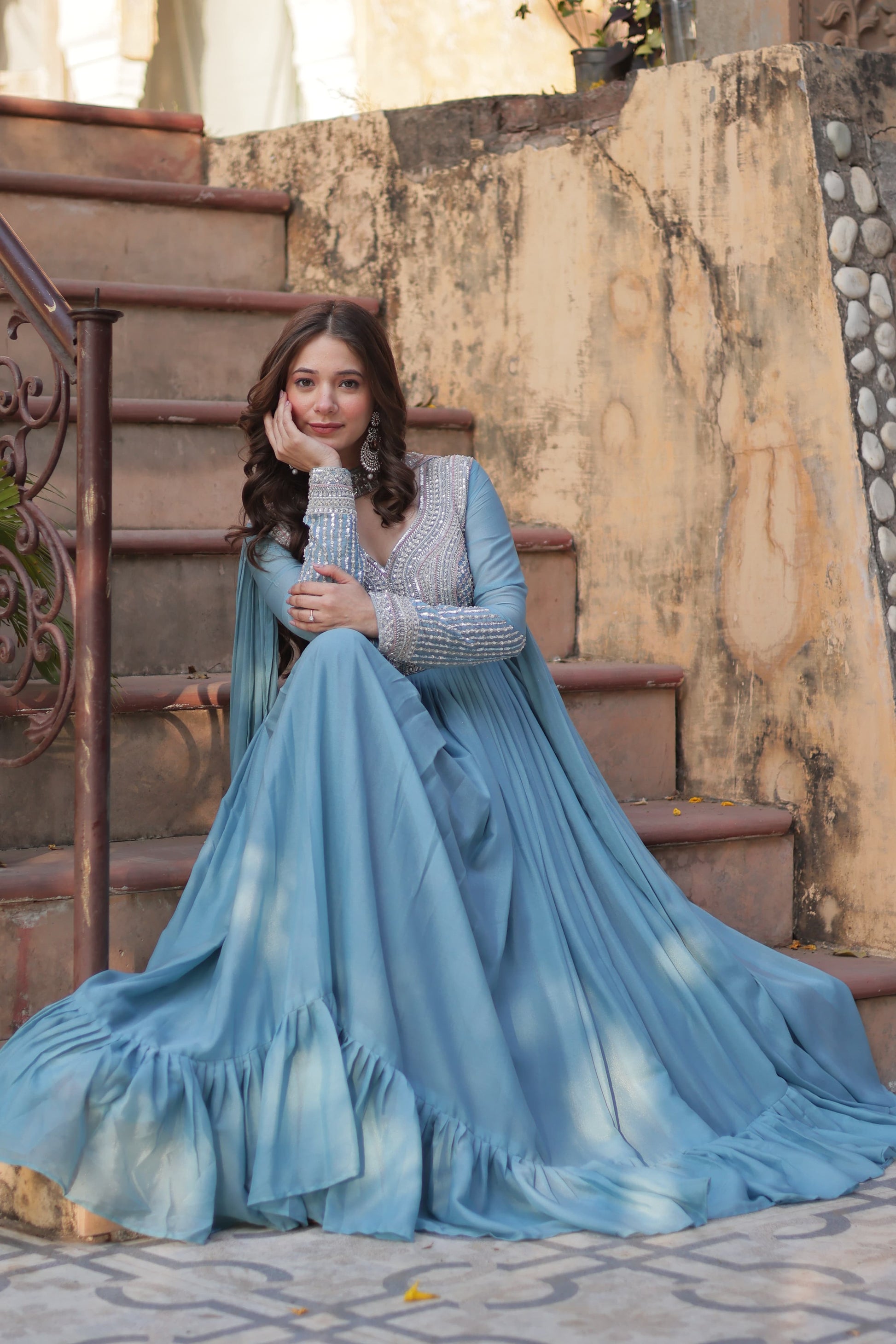 Sky Color star georgette gown with dupatta for wedding