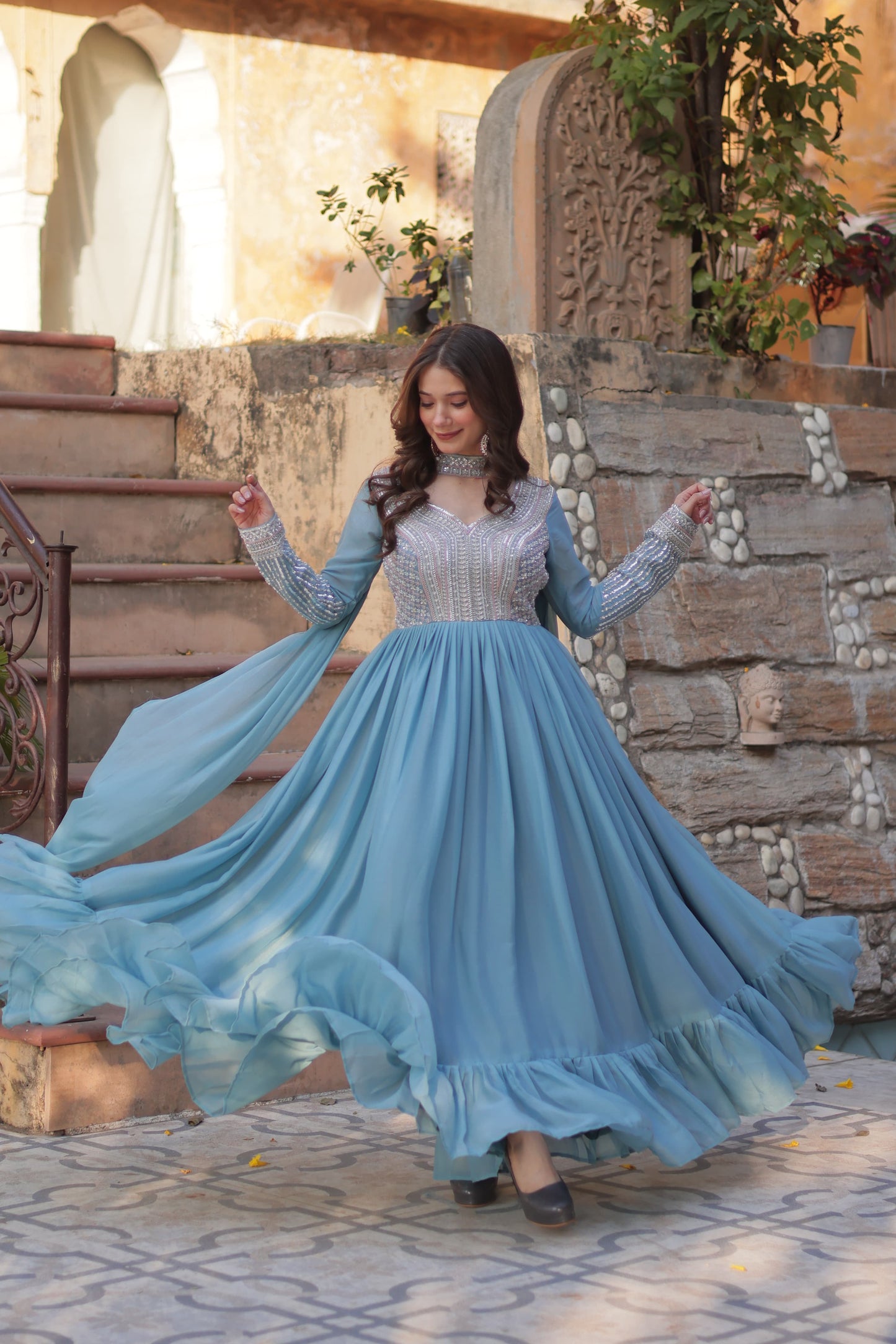 Sky Color star georgette gown with dupatta design