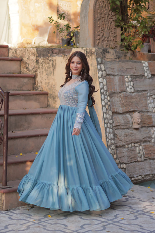 Sky Color star georgette gown with dupatta online