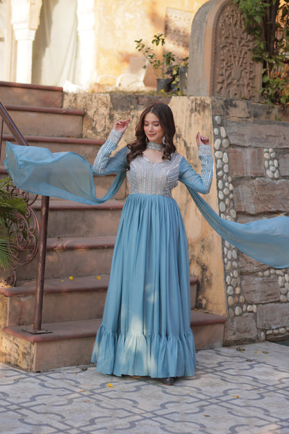 Sky Color star georgette gown with dupatta images