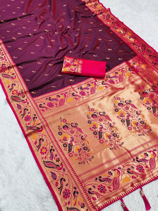 Wine color paithani silk saree for women