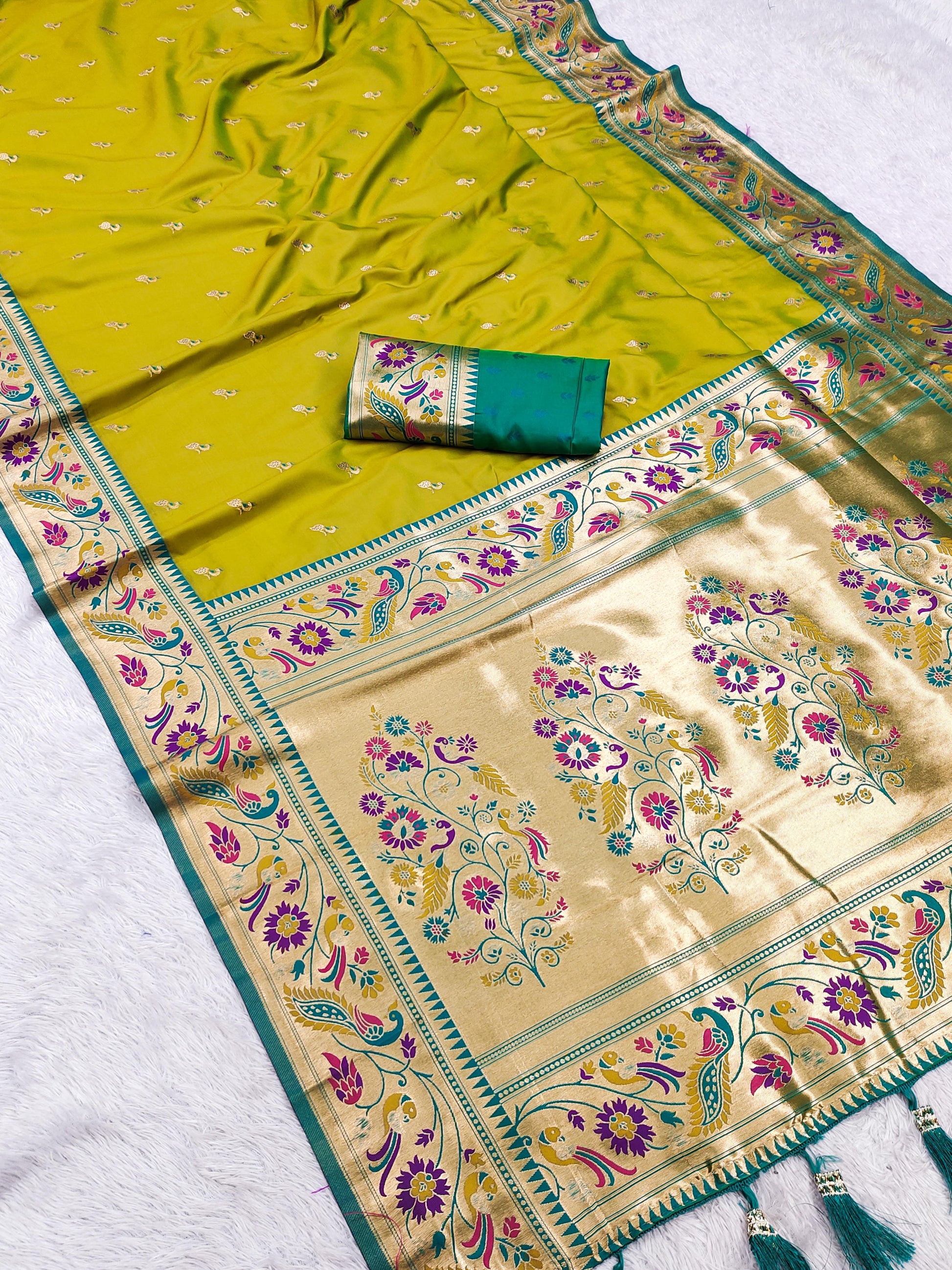 Parrot green color paithani silk saree with blouse online