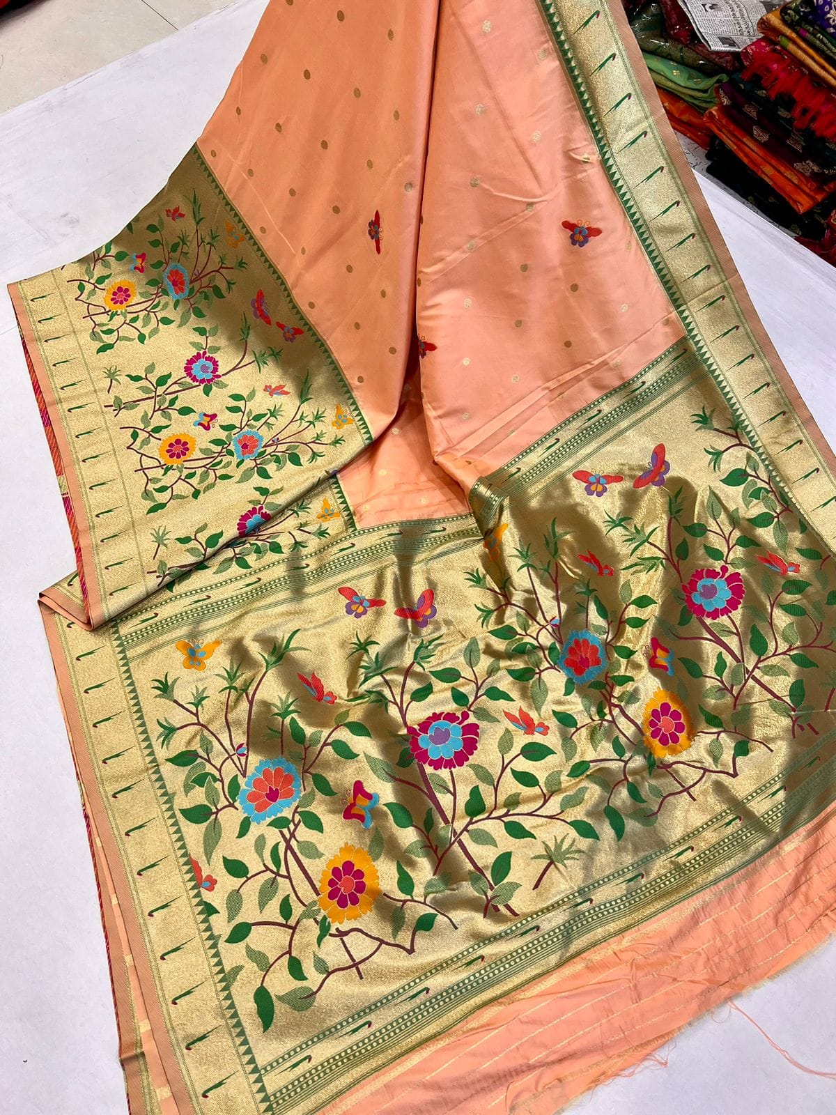 Peach color paithani weaving saree with blouse design
