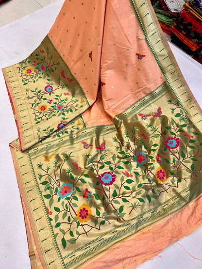 Peach color paithani weaving saree with blouse design