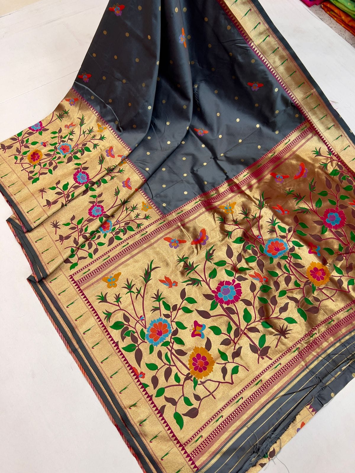 Grey color paithani weaving saree with blouse 