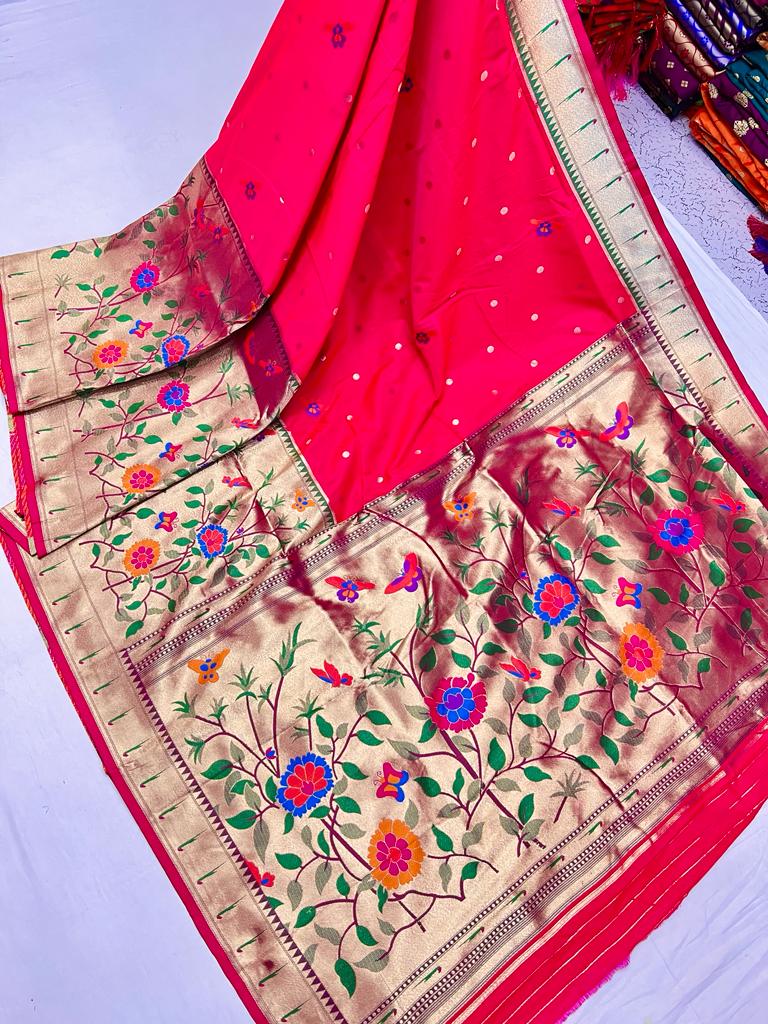 Rani Pink color paithani zari weaving saree with blouse 