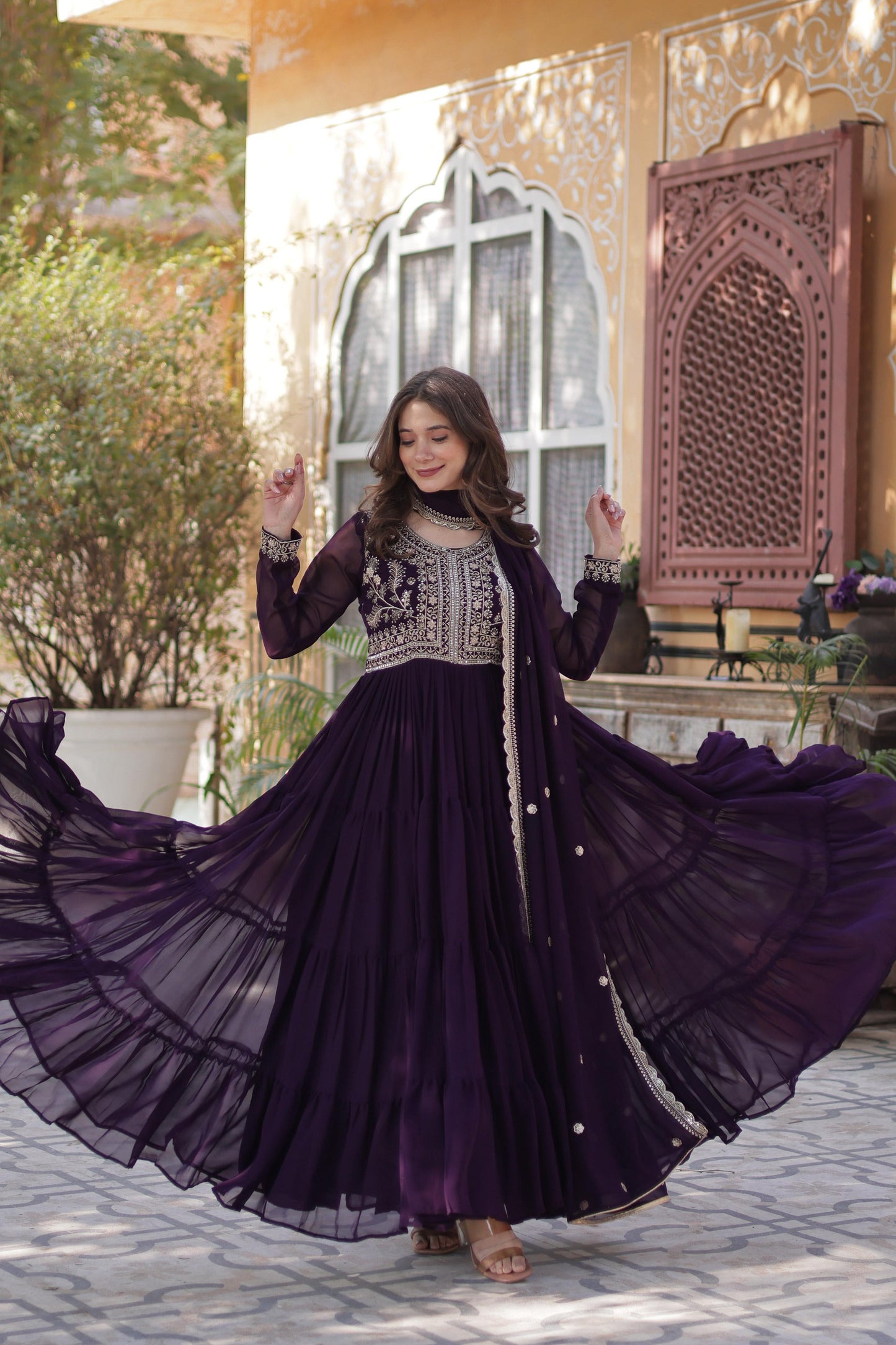 Purple color faux blooming gown with dupatta for party