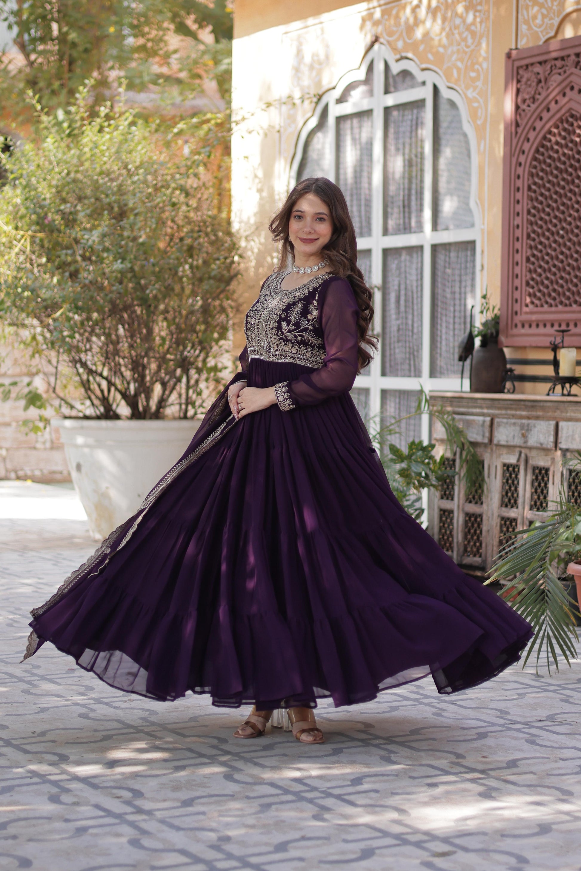Purple color faux blooming gown with dupatta price