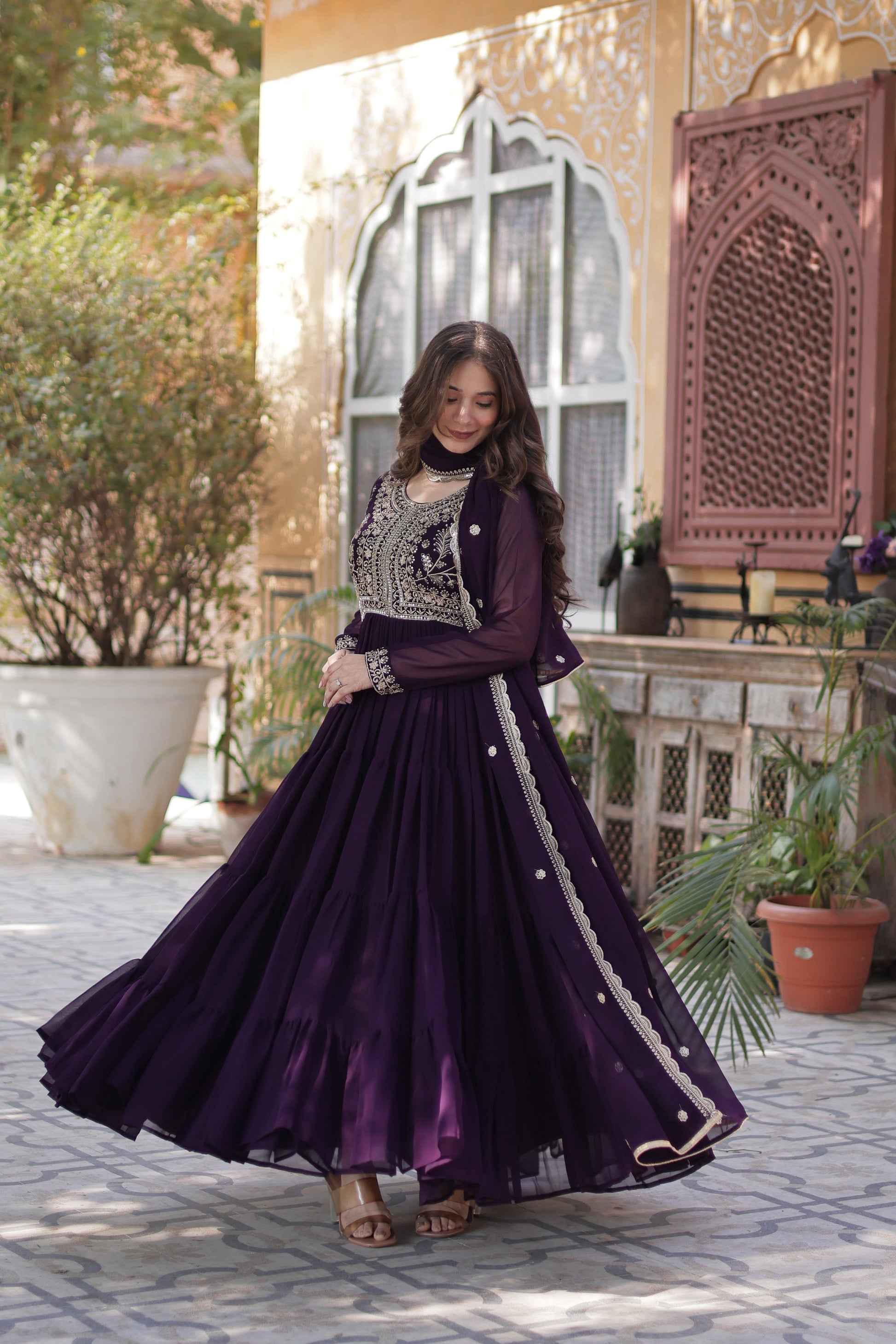 Purple color faux blooming gown with dupatta images