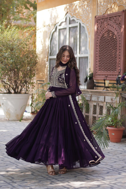 Purple color faux blooming gown with dupatta images