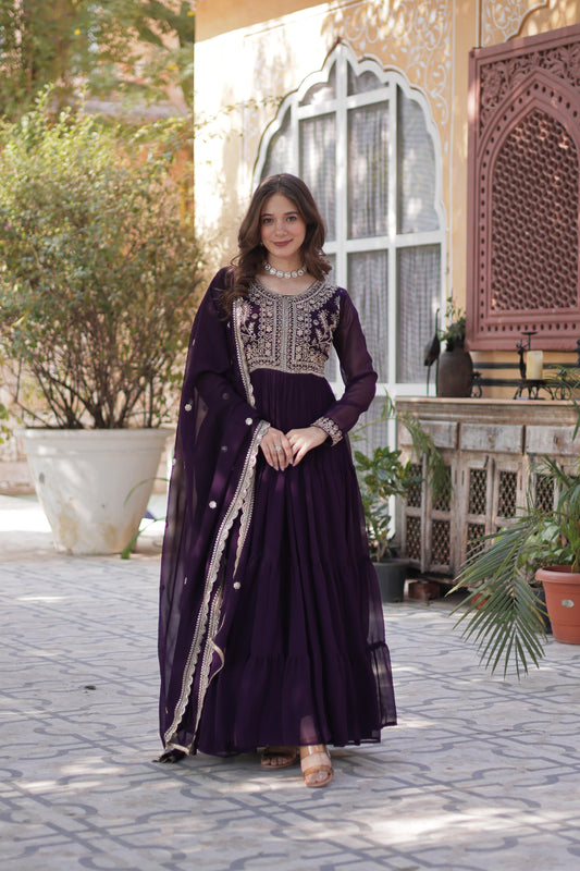 Purple color faux blooming gown for women