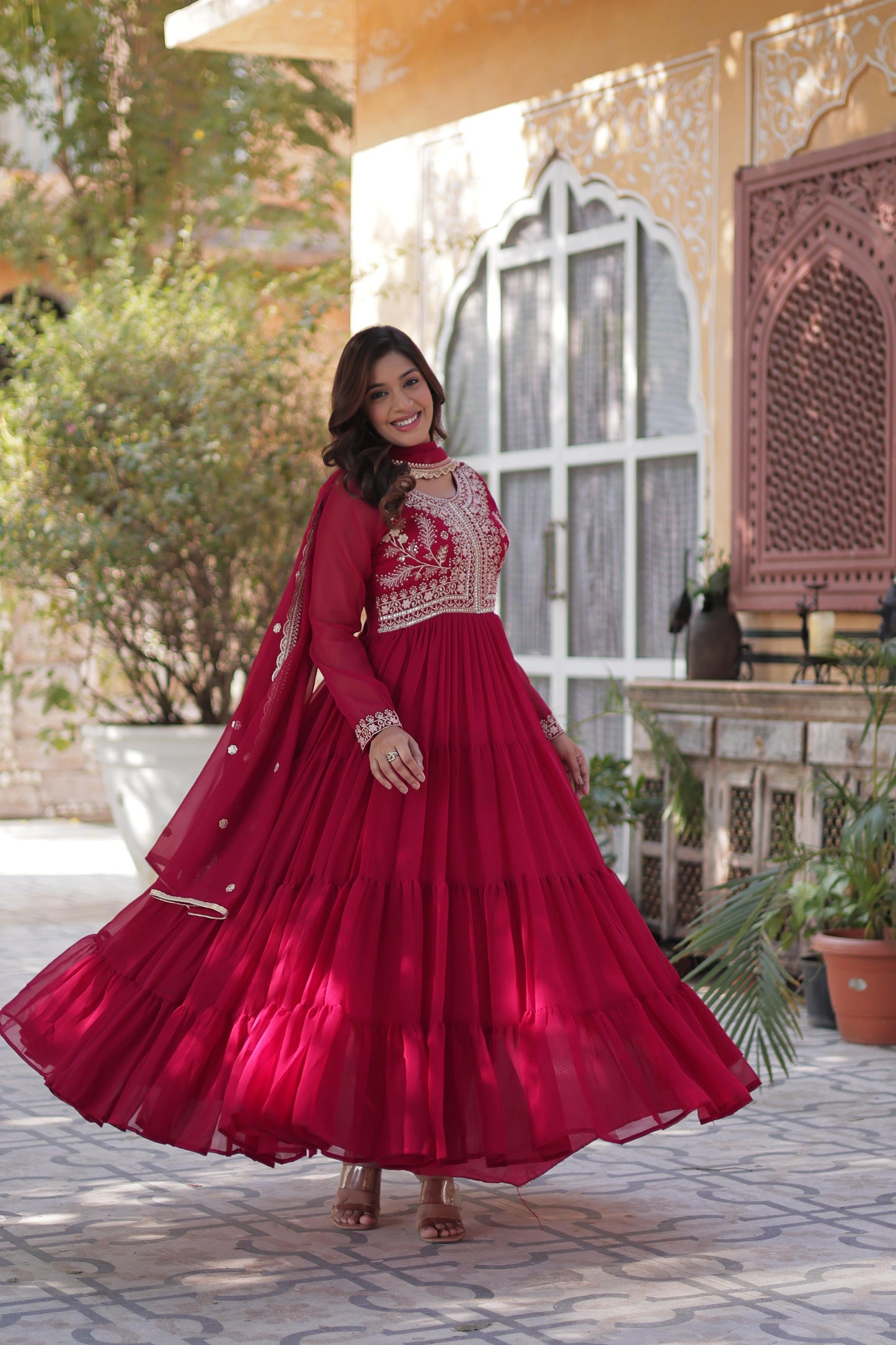 Pink color faux blooming gown with dupatta online shopping