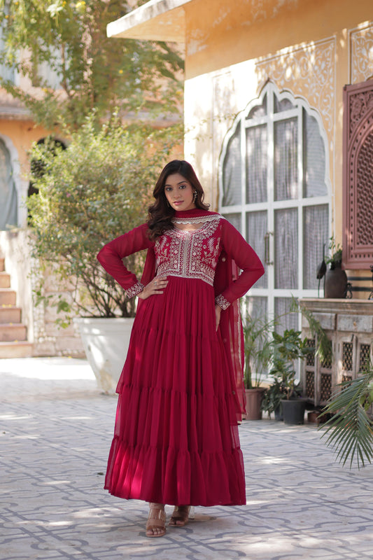 Pink color faux blooming gown for women