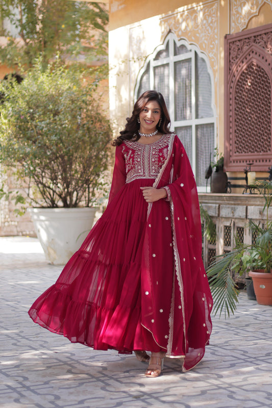 Pink color faux blooming gown with dupatta online