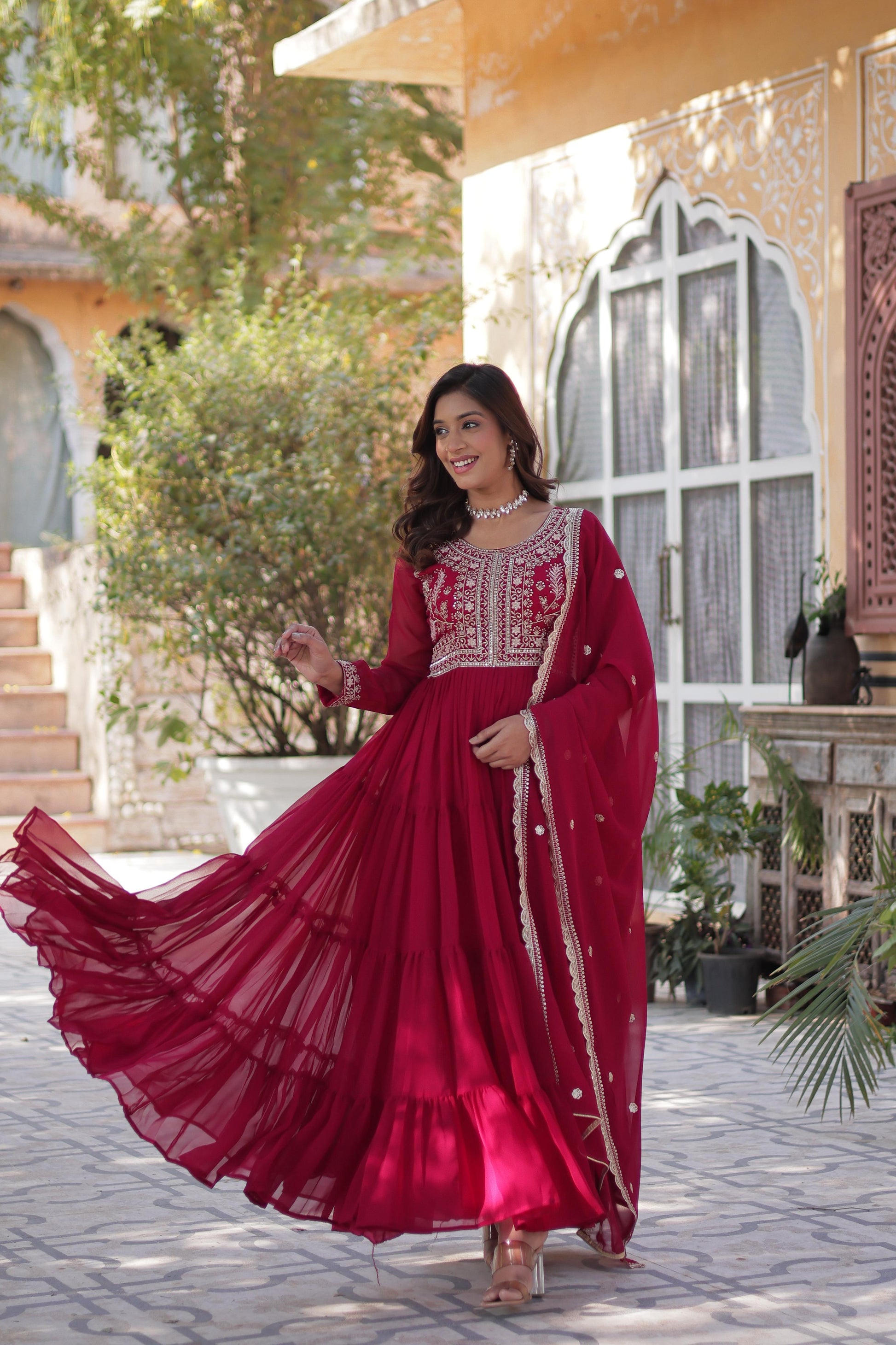 Pink color faux blooming gown with dupatta images