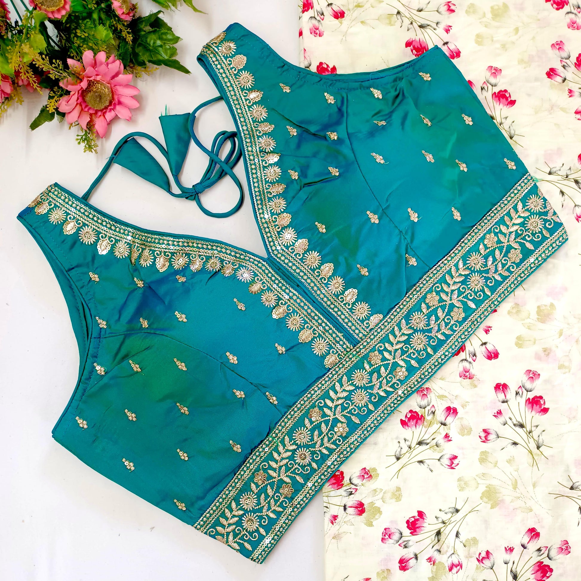 Rama color silk lehenga blouse for wedding