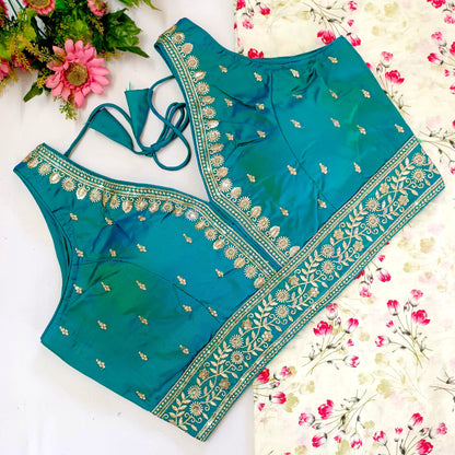 Rama color silk lehenga blouse for wedding