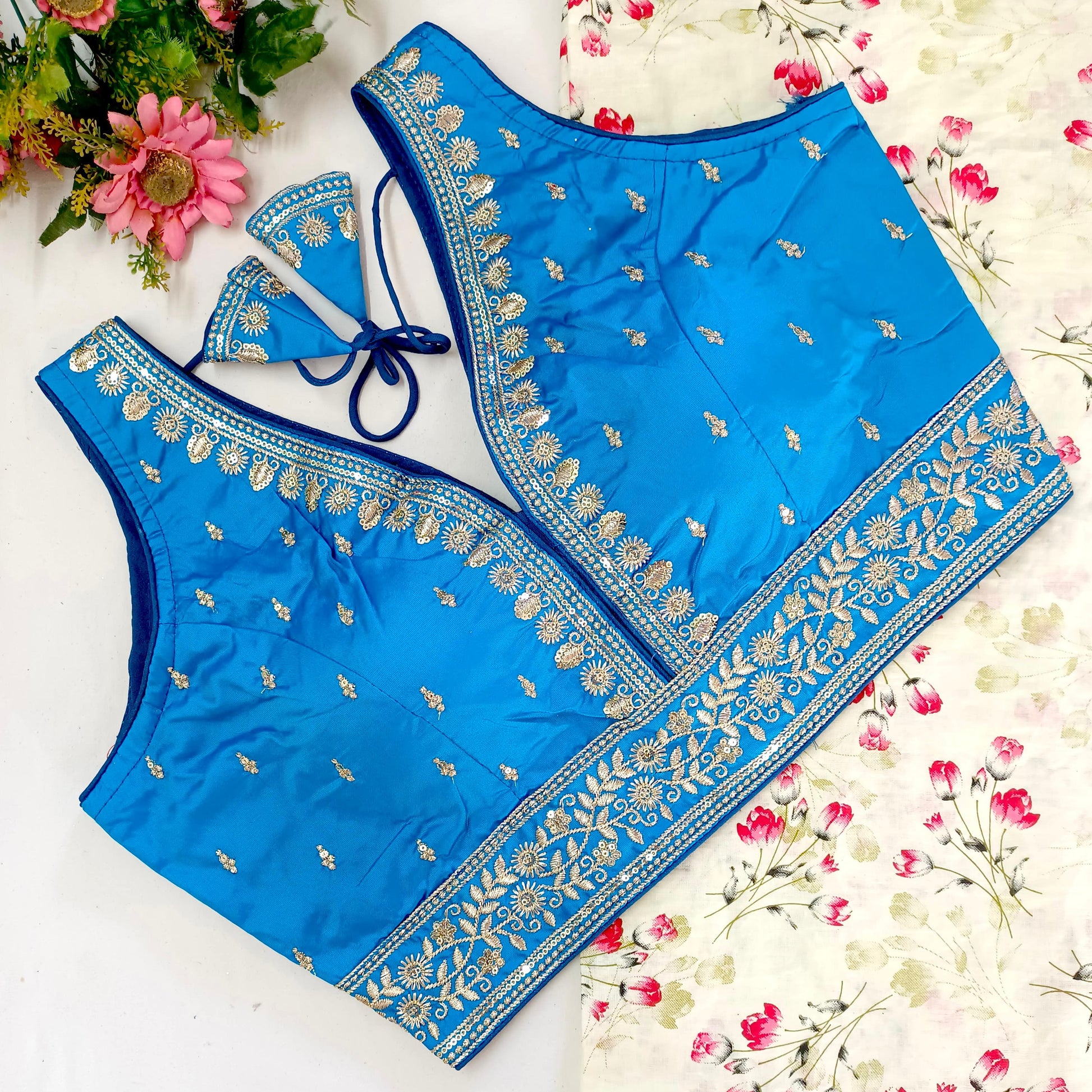 Sky color silk readymade sarees blouse 