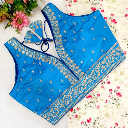 Sky color silk readymade sarees blouse 