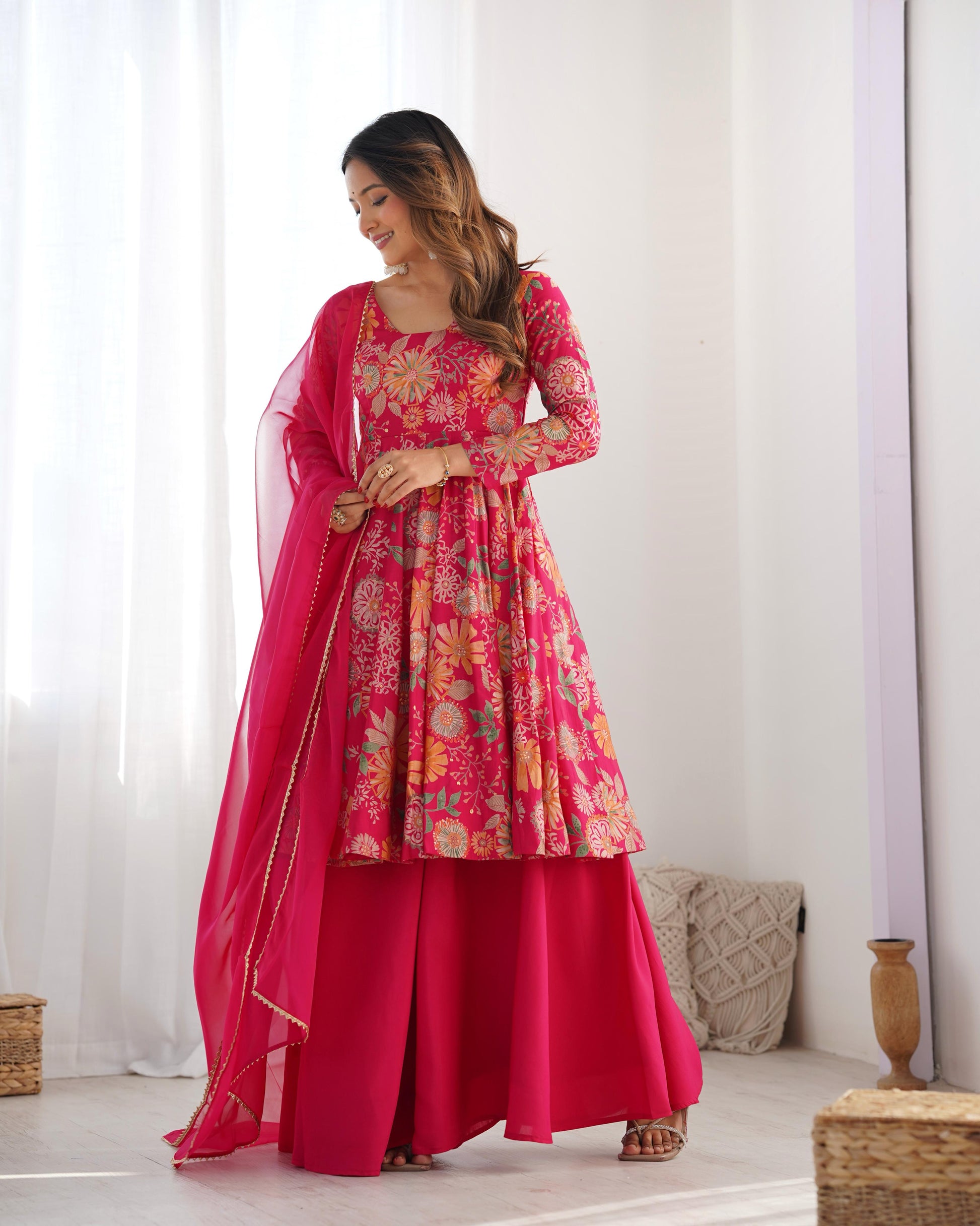 Rani pink color roman silk chanderi sharara suit price