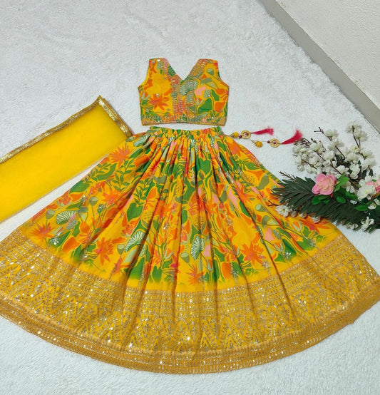 Yellow color georgette lehenga choli for women
