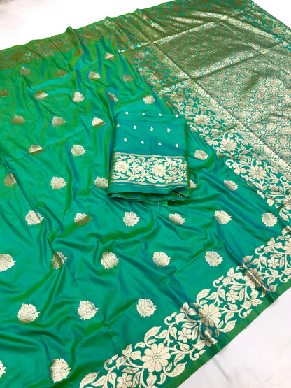 Rama color banarasi silk saree with blouse online