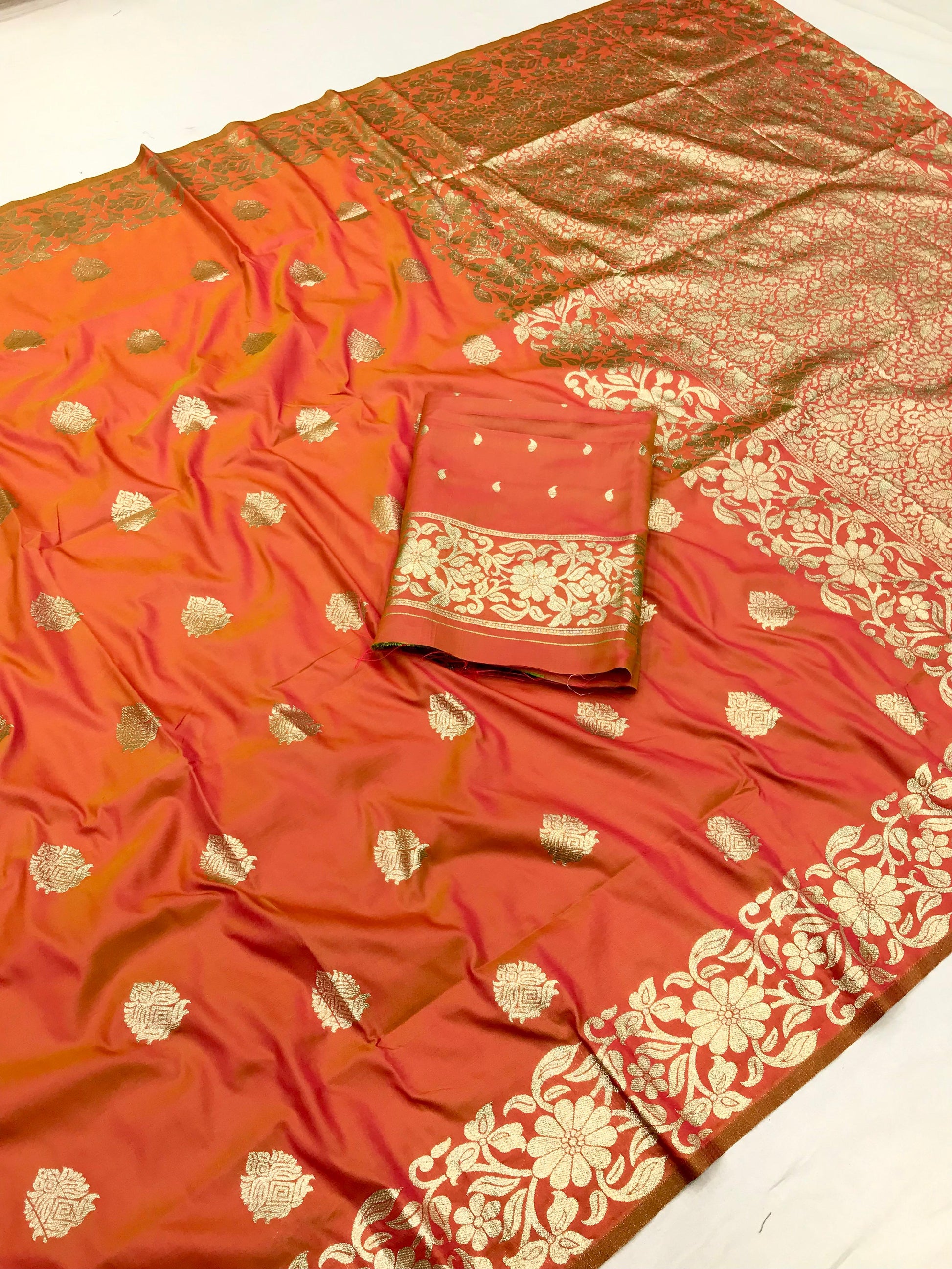 Orange color banarasi silk saree with blouse online shopping