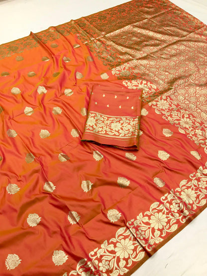 Orange color banarasi silk saree with blouse online shopping