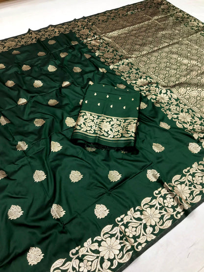 Green color banarasi silk saree with blouse images