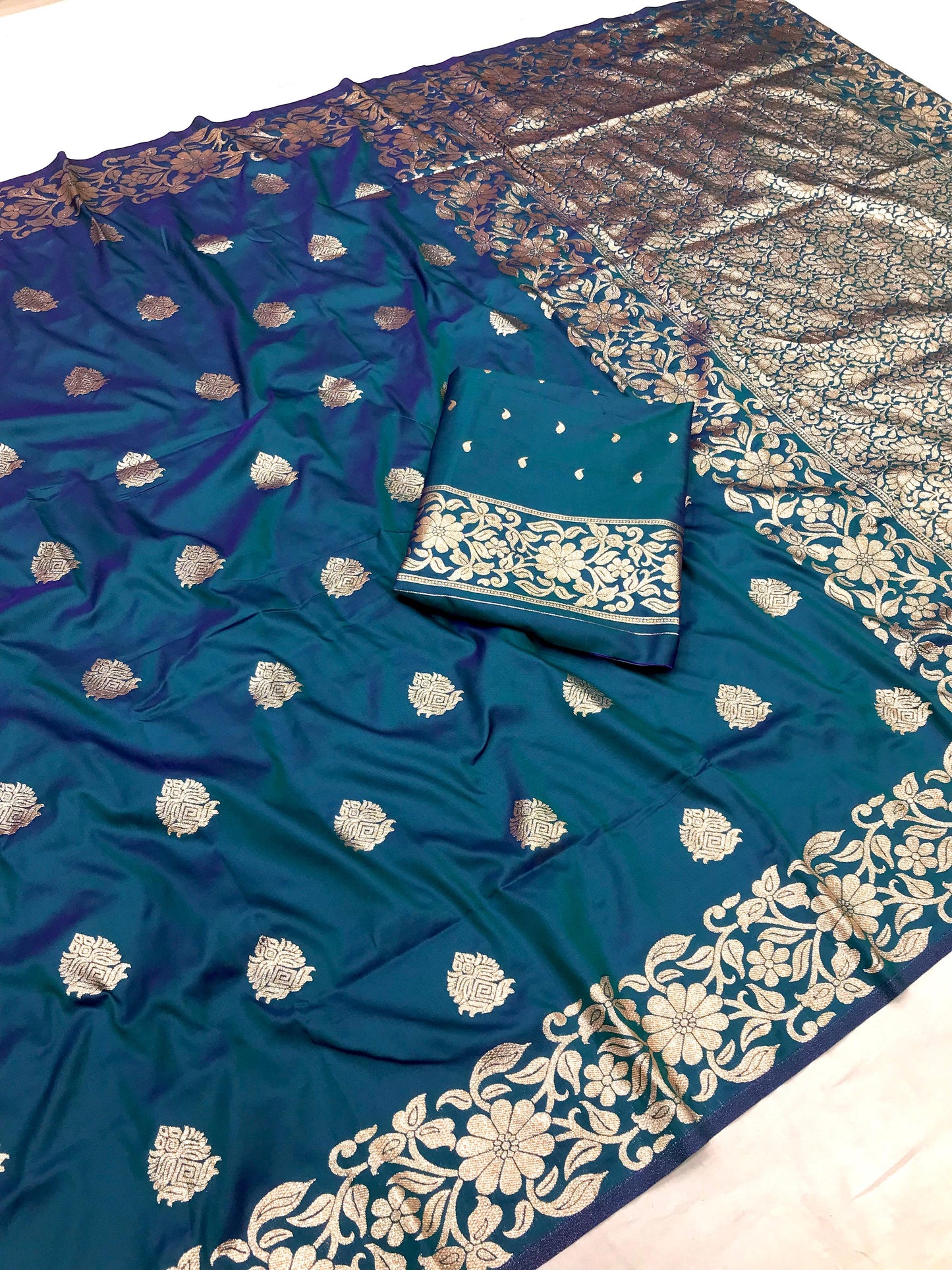 Rama color banarasi silk saree for wedding