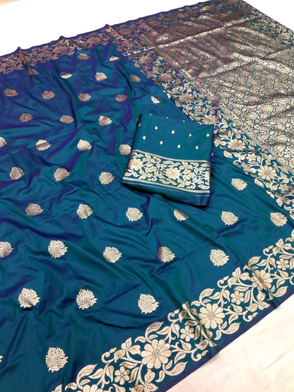 Rama color banarasi silk saree for wedding