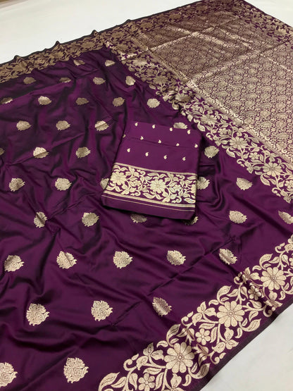 Wine color banarasi silk saree for women